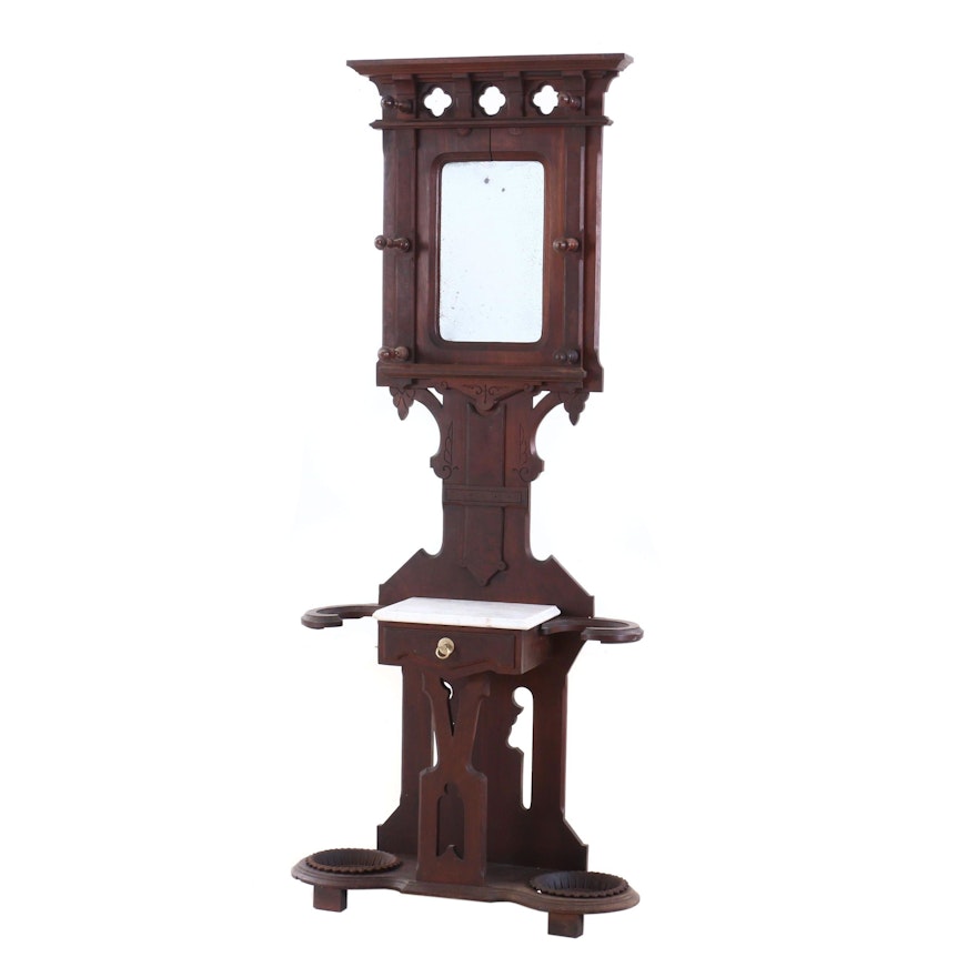 Victorian Walnut and White Marble Hall Stand, Late 19th Century