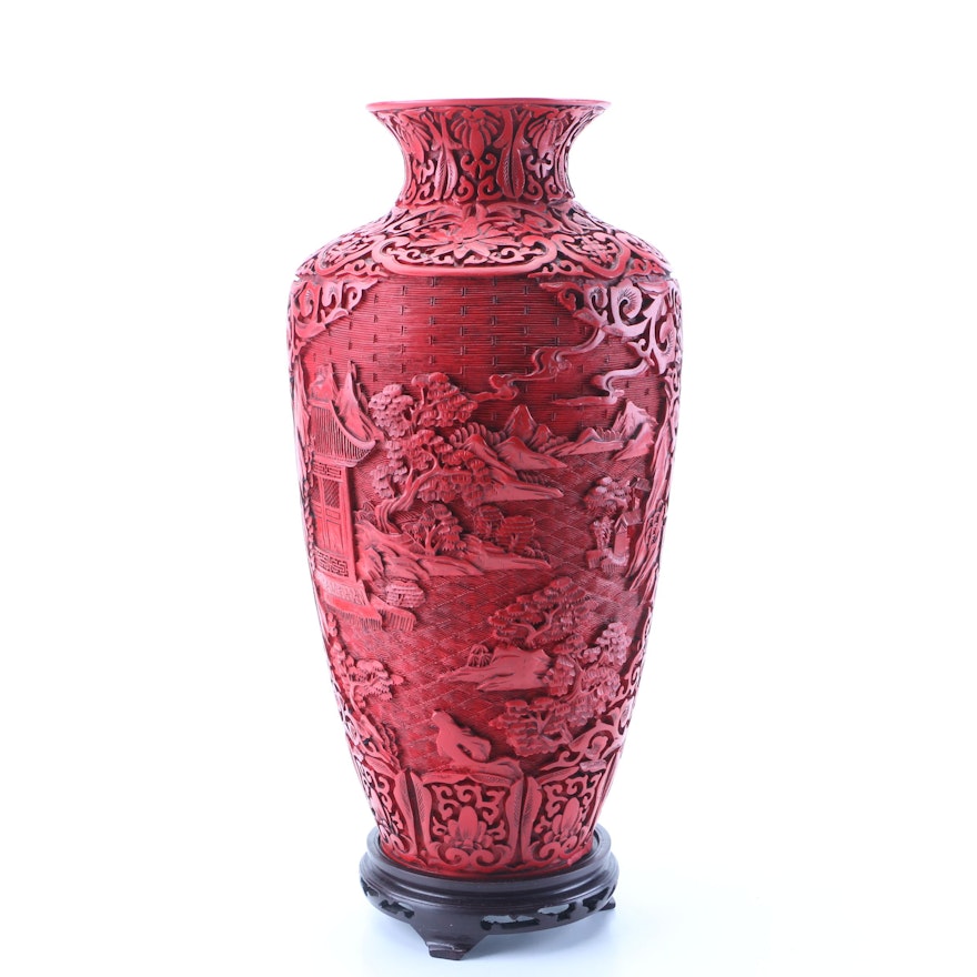 Chinese Red Resin Vase with Wooden Stand