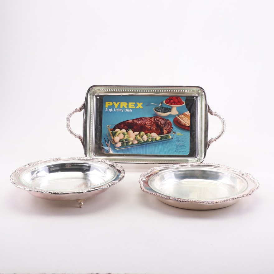 Silver Plate Footed Serving Trays with Pyrex Glass Baking Dish Liners