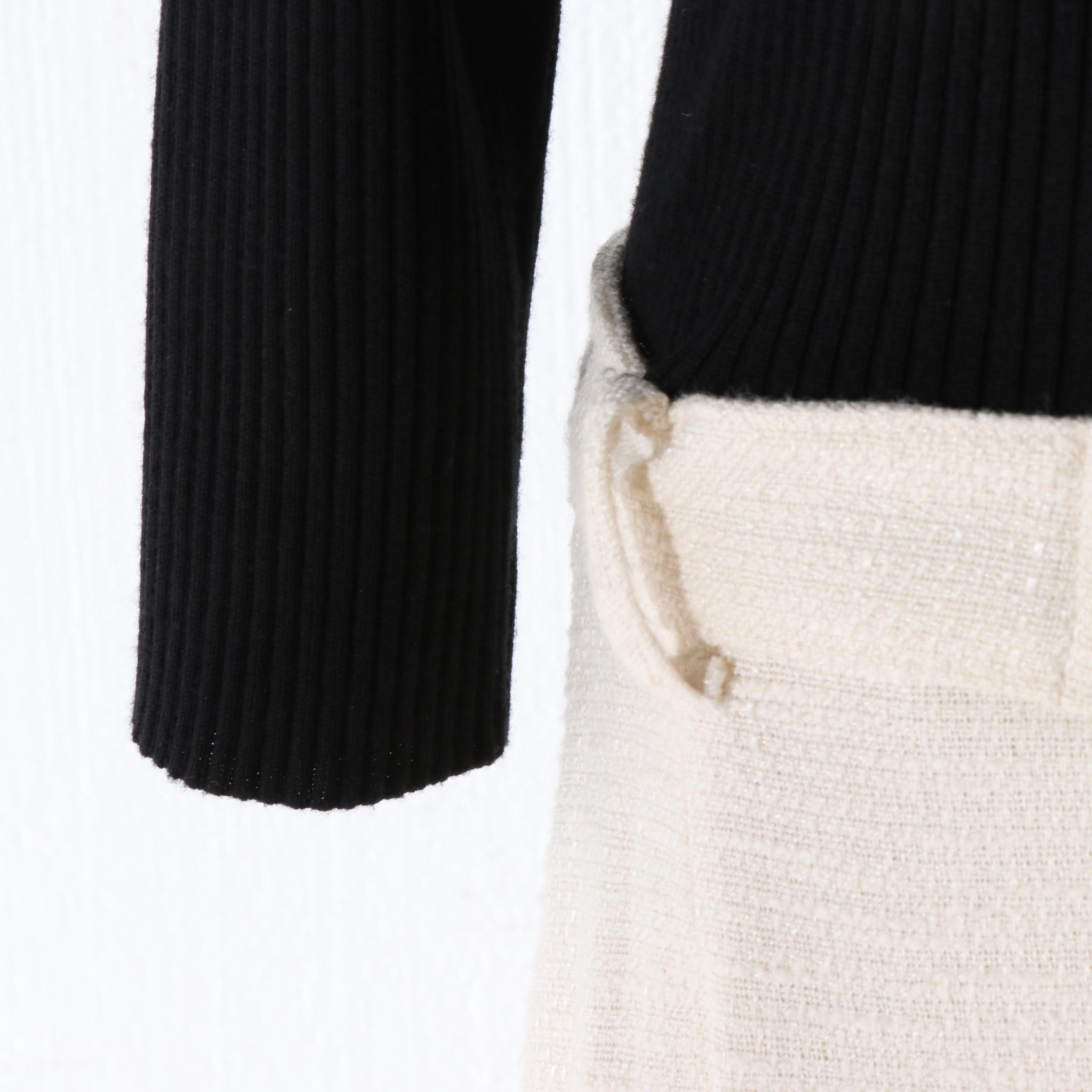 Tory Burch Black Ribbed Knit and Ivory Bouclé Dress with Logo Belt