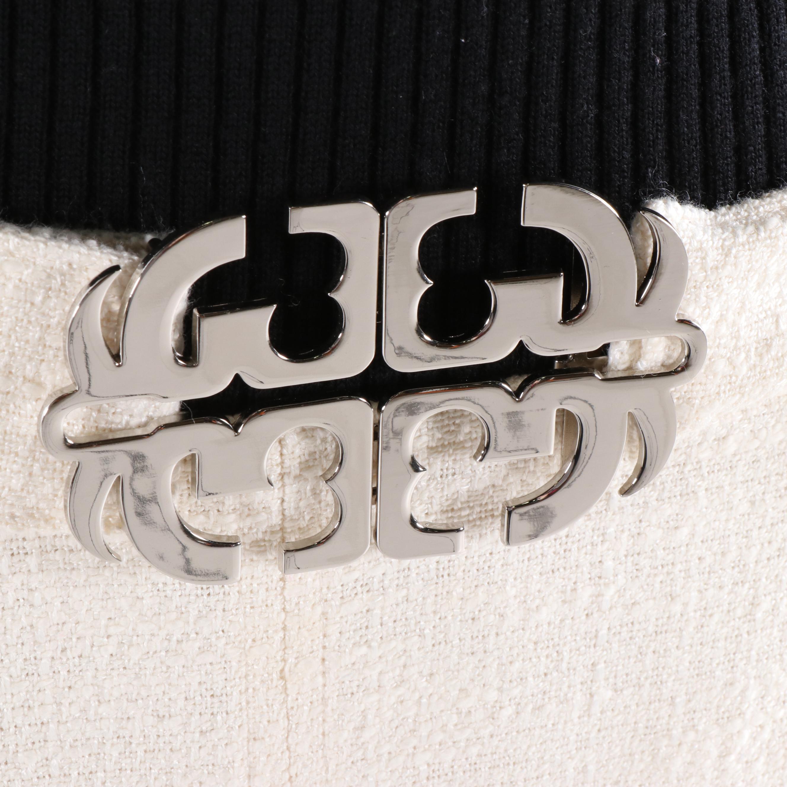 Tory Burch Black Ribbed Knit and Ivory Bouclé Dress with Logo Belt