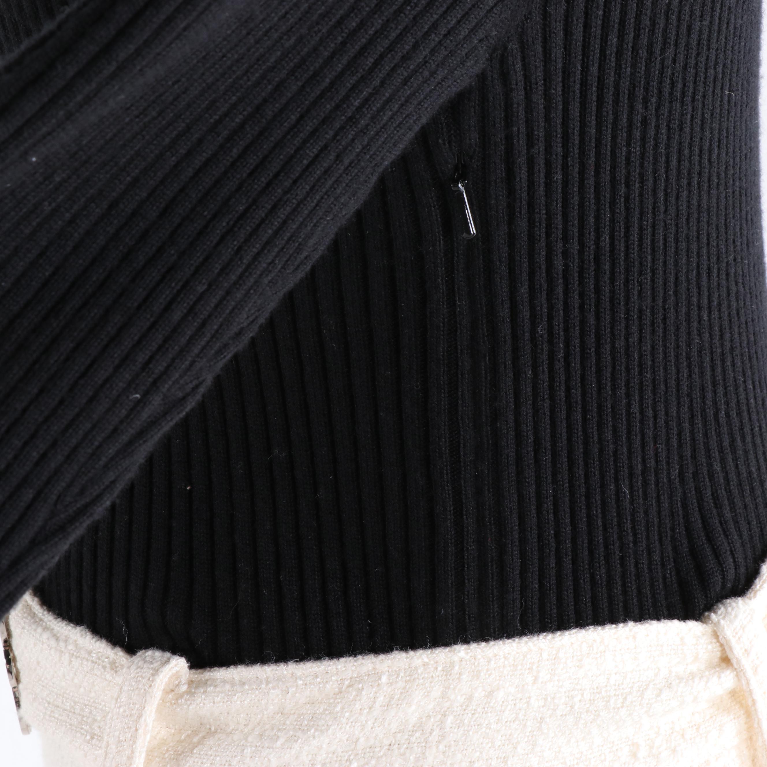 Tory Burch Black Ribbed Knit and Ivory Bouclé Dress with Logo Belt