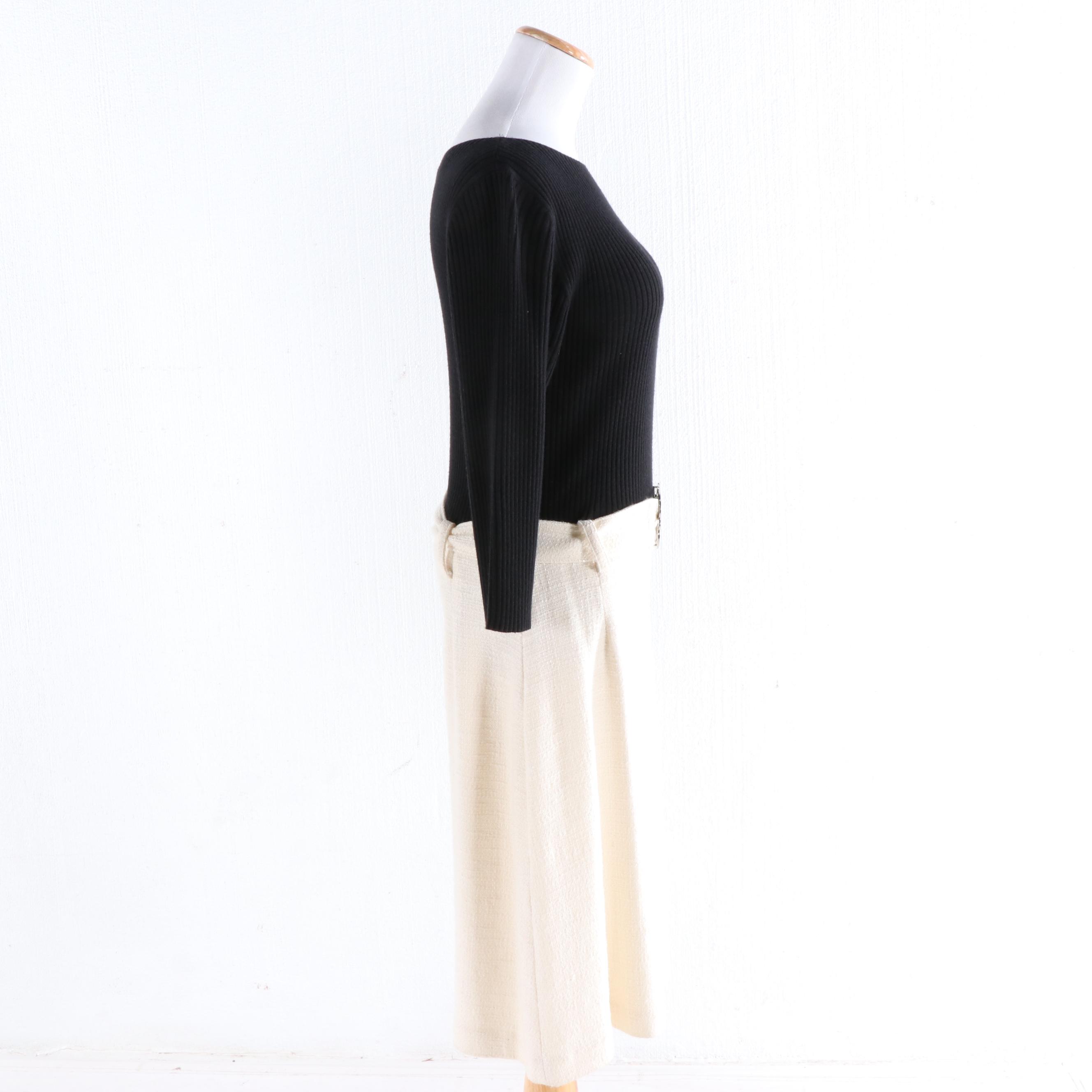 Tory Burch Black Ribbed Knit and Ivory Bouclé Dress with Logo Belt