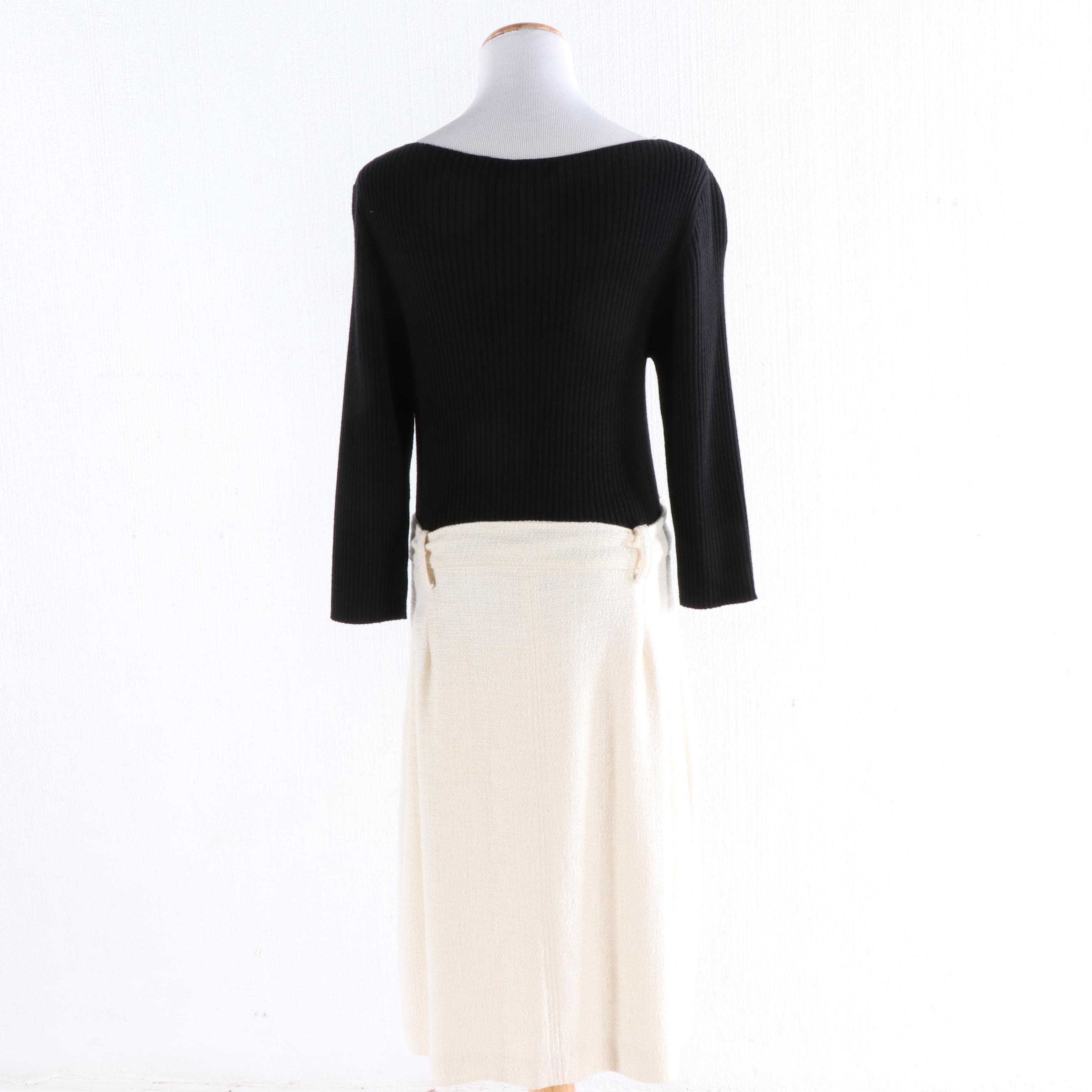 Tory Burch Black Ribbed Knit and Ivory Bouclé Dress with Logo Belt