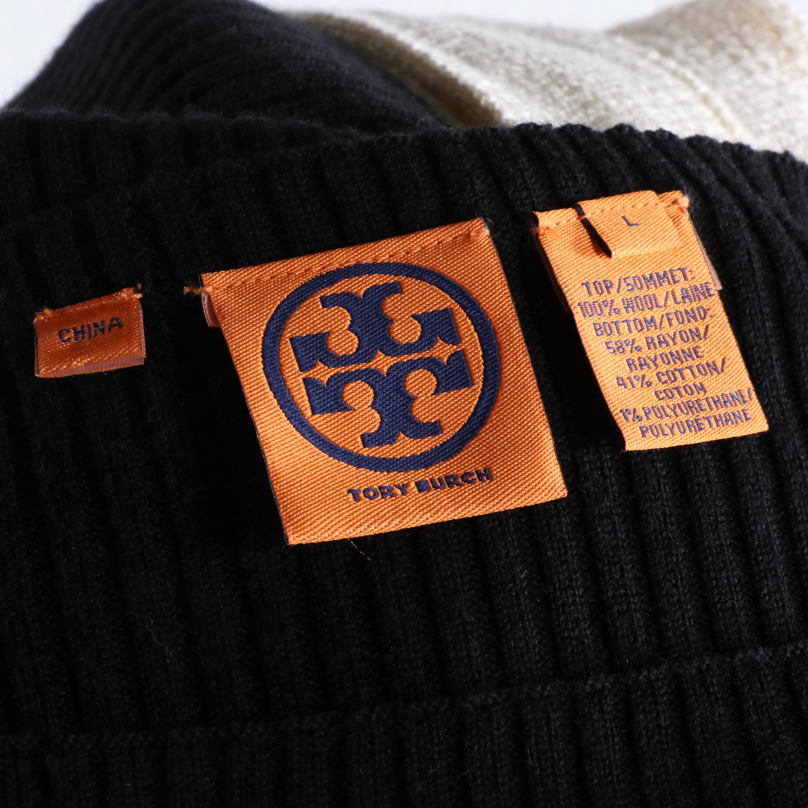 Tory Burch Black Ribbed Knit and Ivory Bouclé Dress with Logo Belt