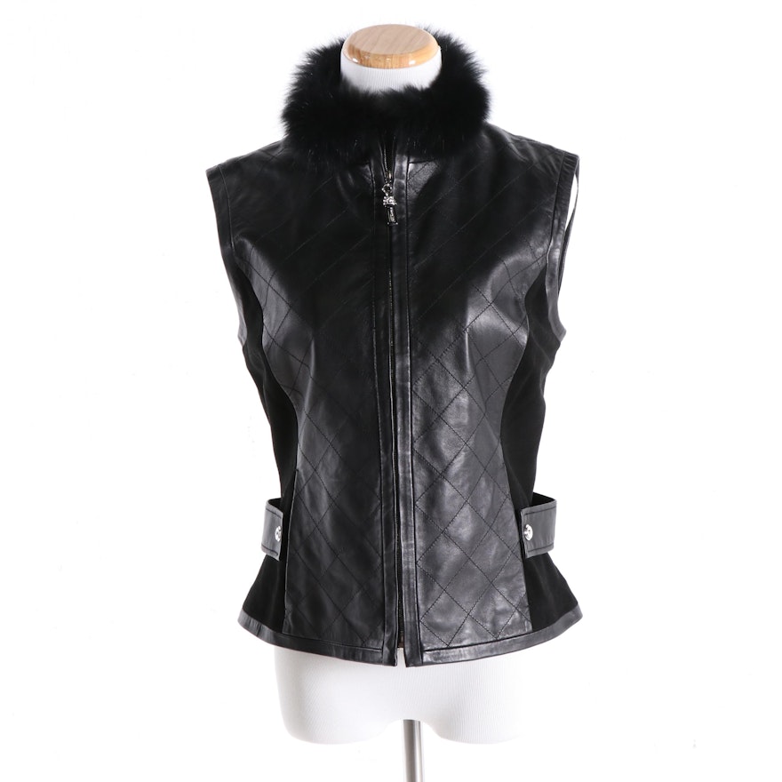 St. John Collection Black Quilted Leather and Suede Vest With Fox Fur Trim