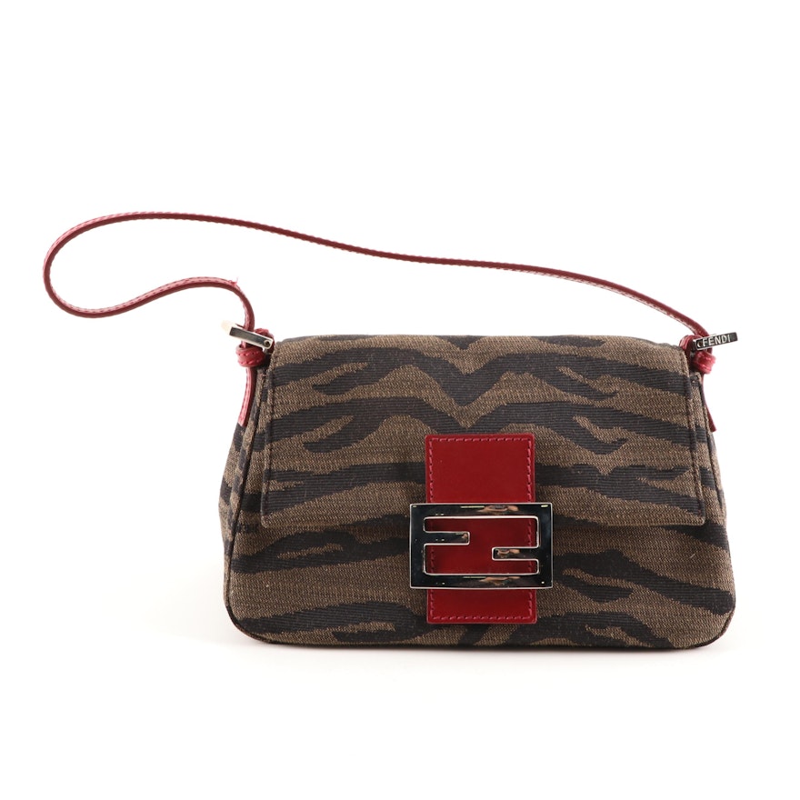 Fendi Zebra Stripe Jacquard and Red Leather Handbag