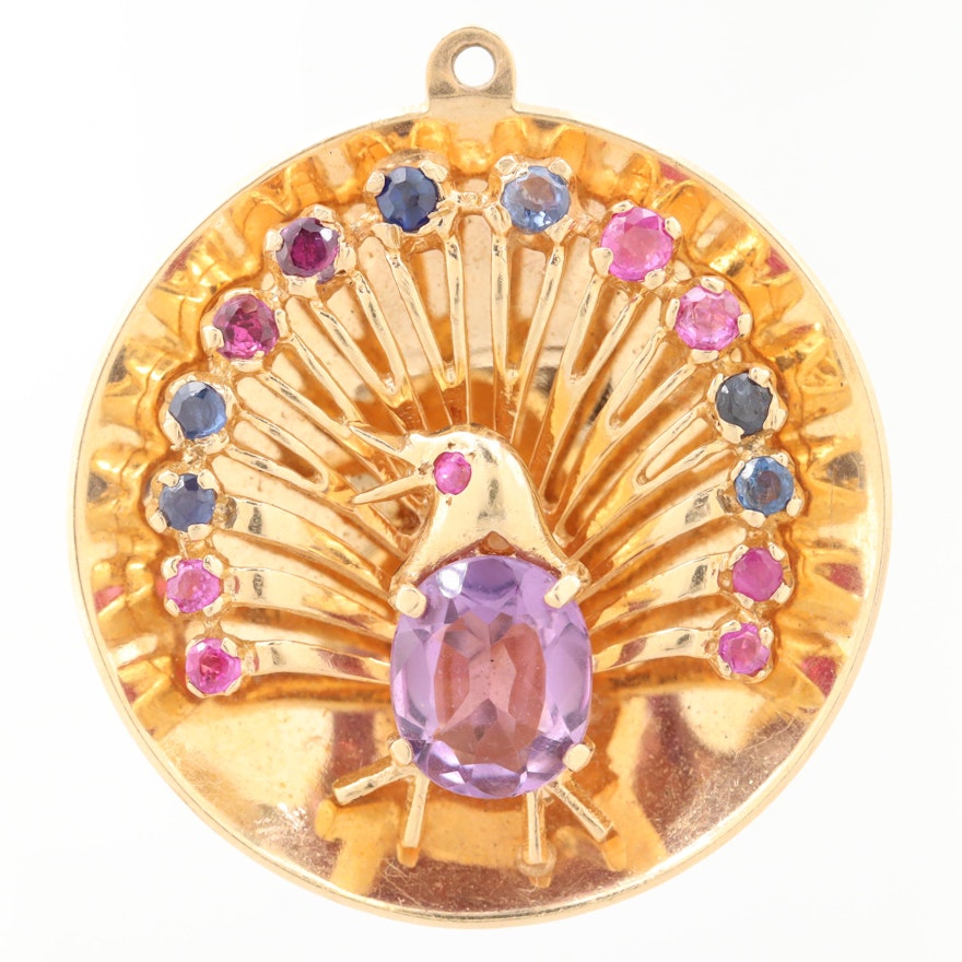 14K Yellow Gold Ruby, Blue Sapphire and Amethyst Peacock Pendant