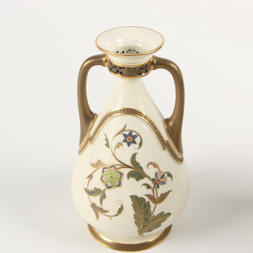 Royal Worcester Gilded Porcelain Vase with Floral Motif and Pierced Collar, 1883