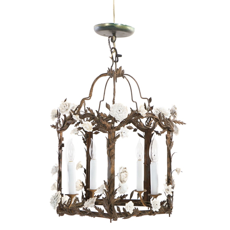 French Foliate Chandelier with White Porcelain Flowers, Early 20th Century