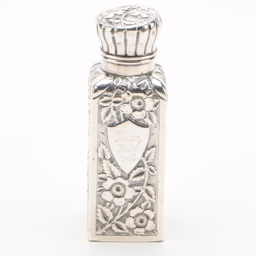 British Repoussé and Chased Sterling Silver Vanity Jar with Glass Lining, 1890