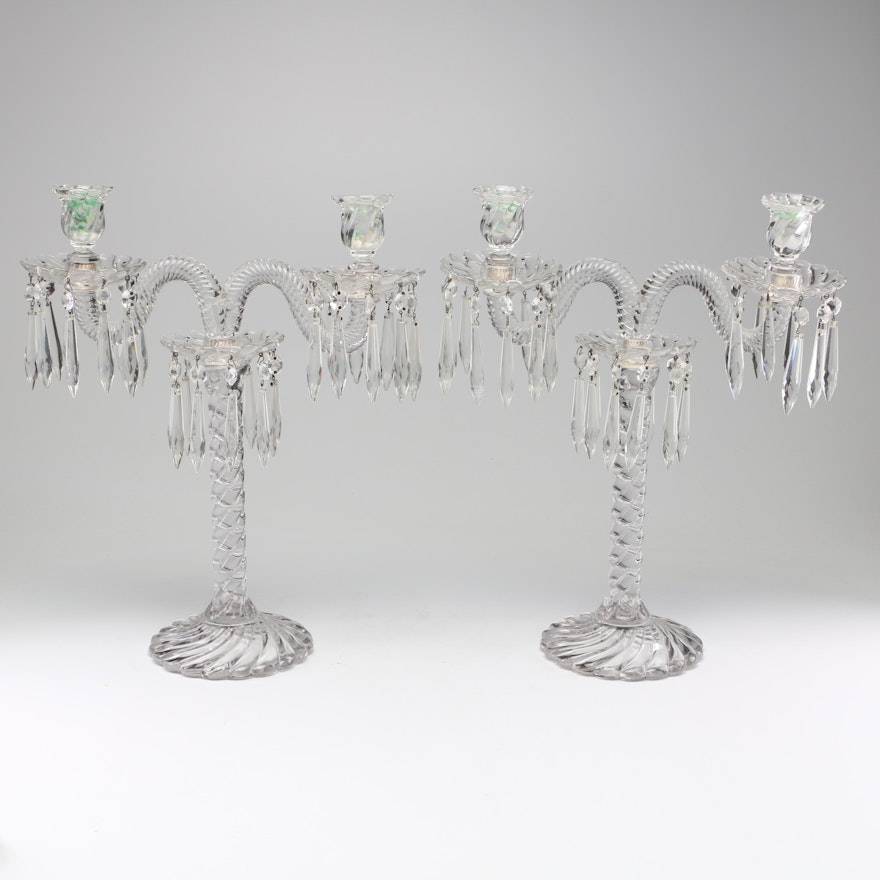 Glass Candelabra Pair with Hanging Pendants