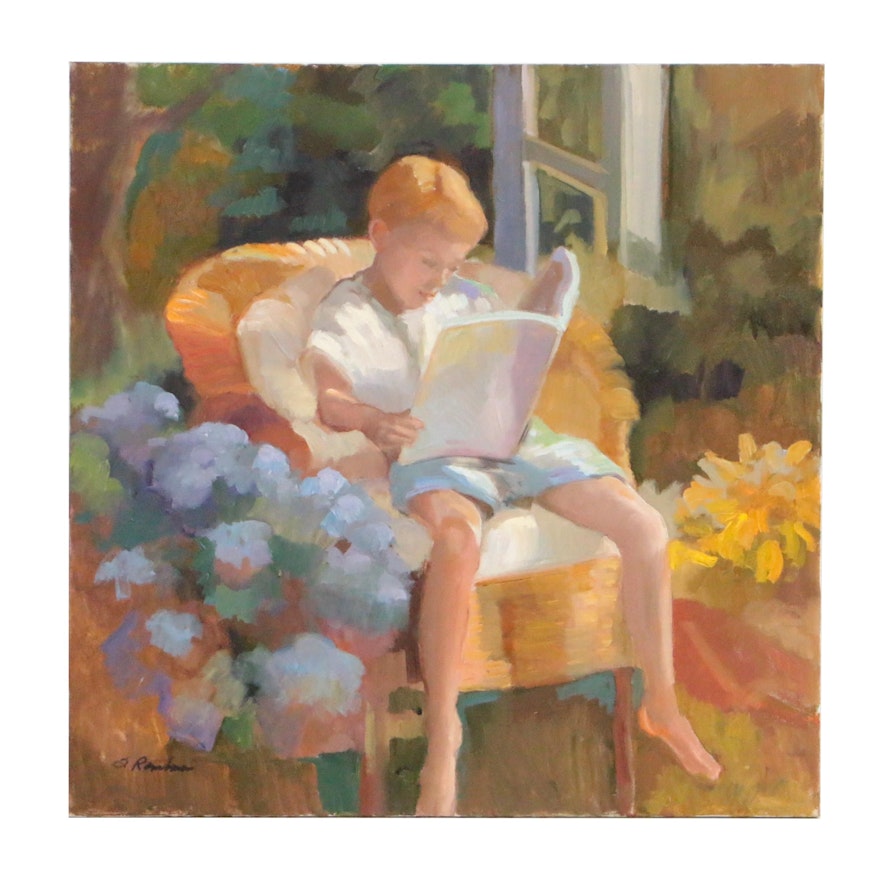 Sally Rosenbaum Figural Oil Painting "Reading in my Mother's Garden"