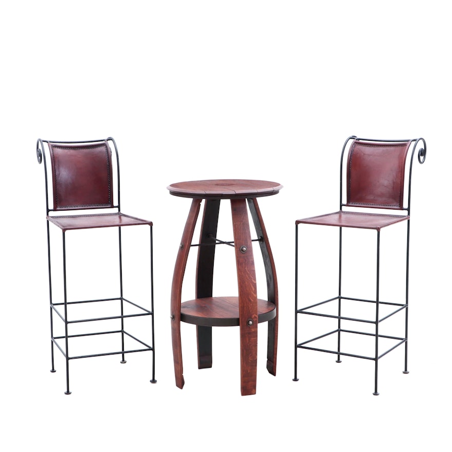 French Oak Wine Barrel Bistro Table and Leather Bar Stools