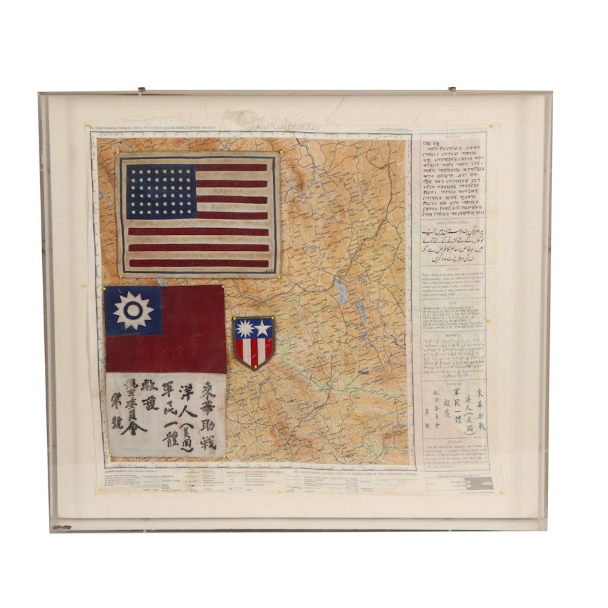 WWII U.S. Air Force Flying Tigers Blood Chit Mounted with Evasion Map and More