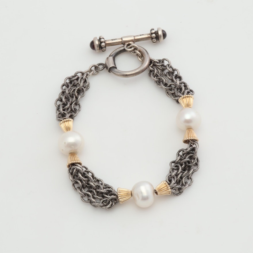Sterling Silver & 14K Yellow Gold Trumpet Bead Bracelet with Cultured Pearls