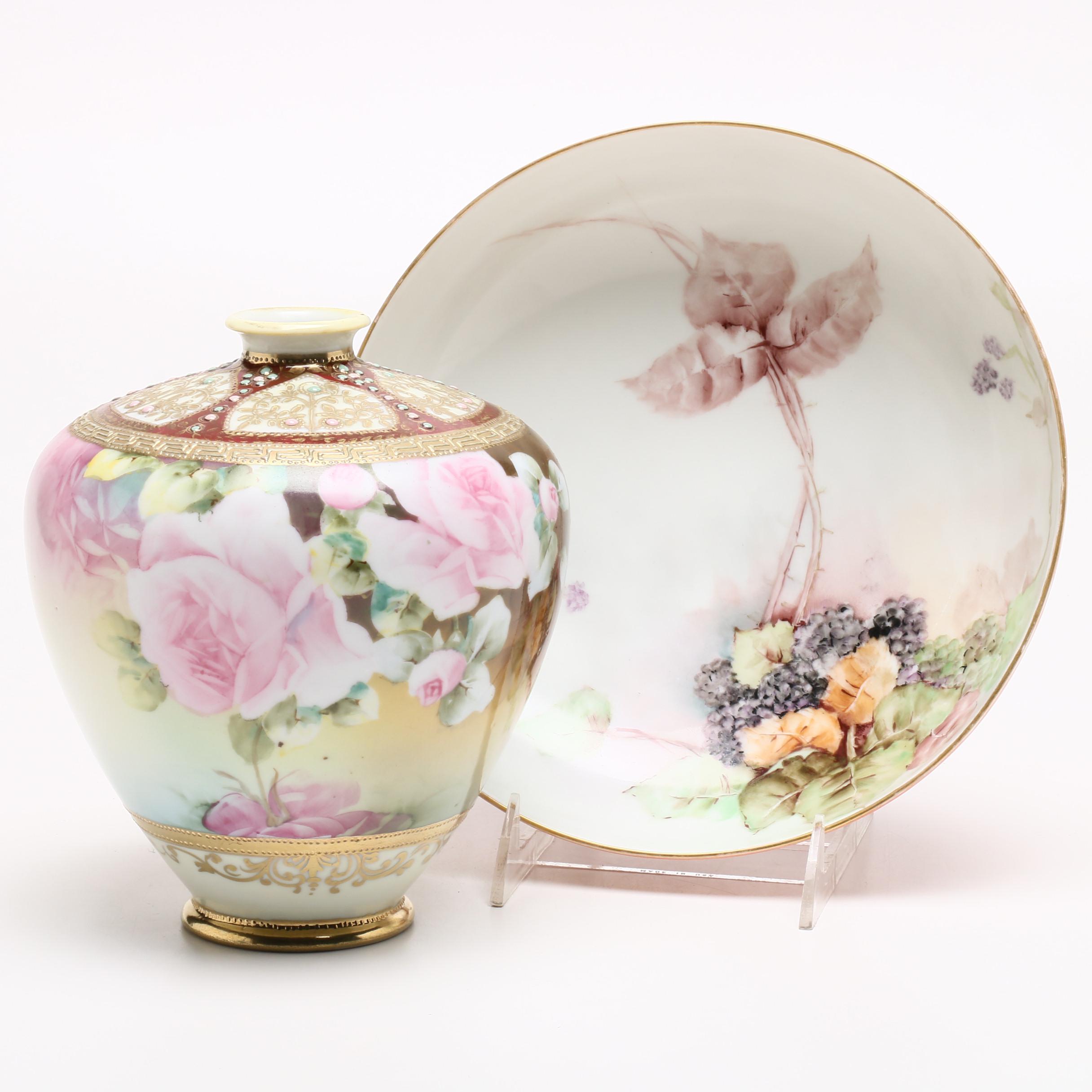 Haviland Hand-Painted Footed Bowl and Japanese Hand-Painted Vase