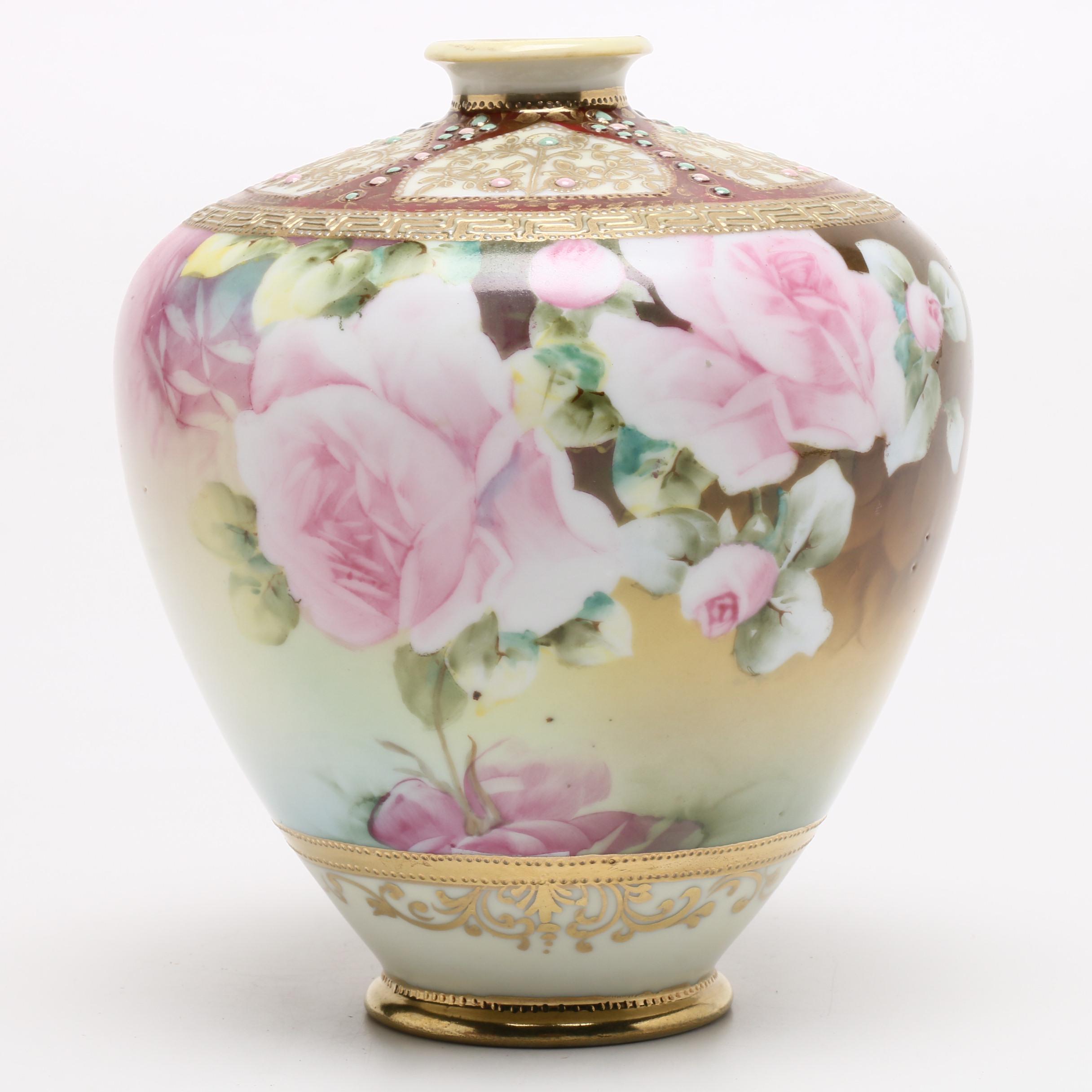 Haviland Hand-Painted Footed Bowl and Japanese Hand-Painted Vase