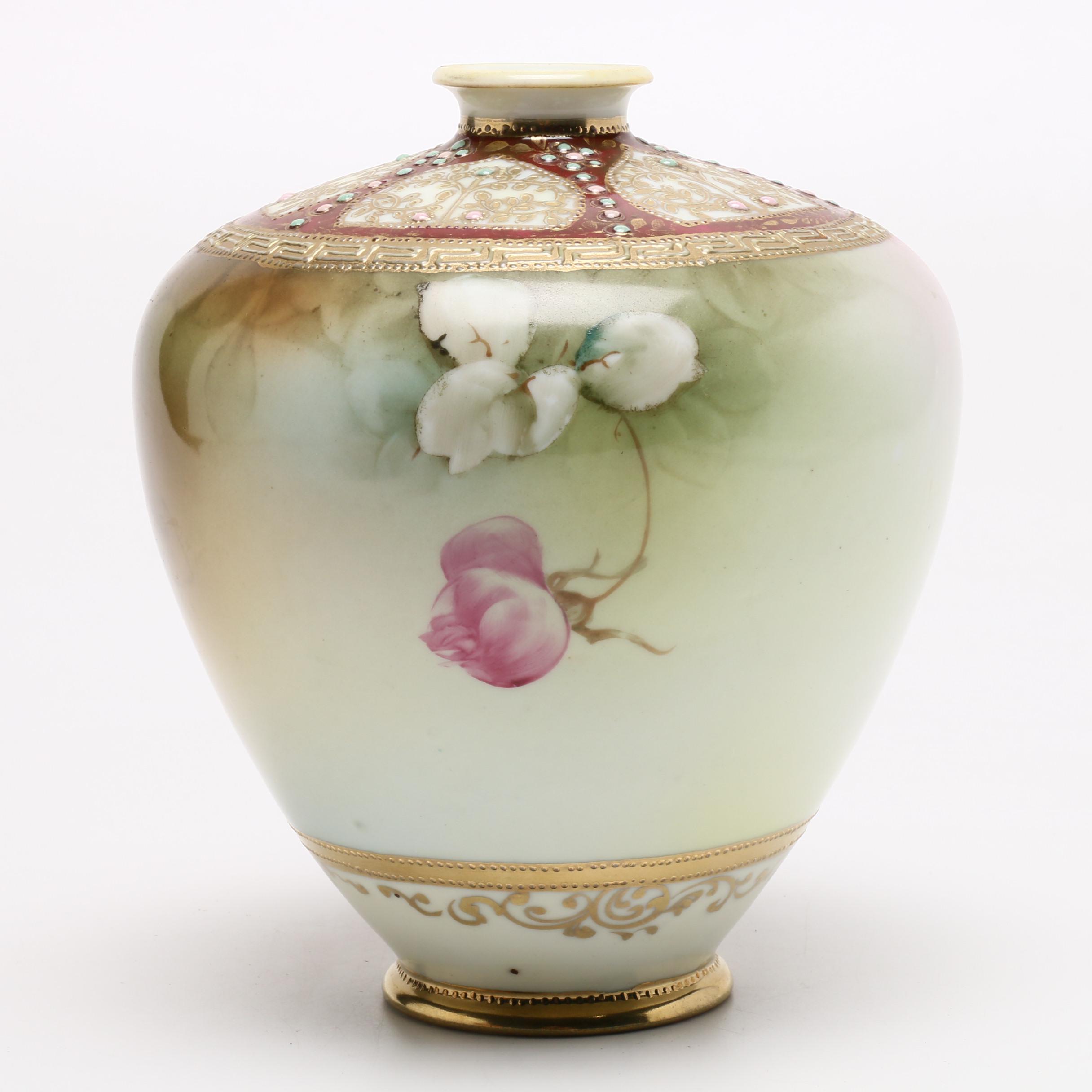 Haviland Hand-Painted Footed Bowl and Japanese Hand-Painted Vase