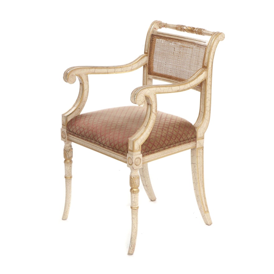 Marsha Jones Empire Style White and Gold Painted Cane Back Wooden Armchair