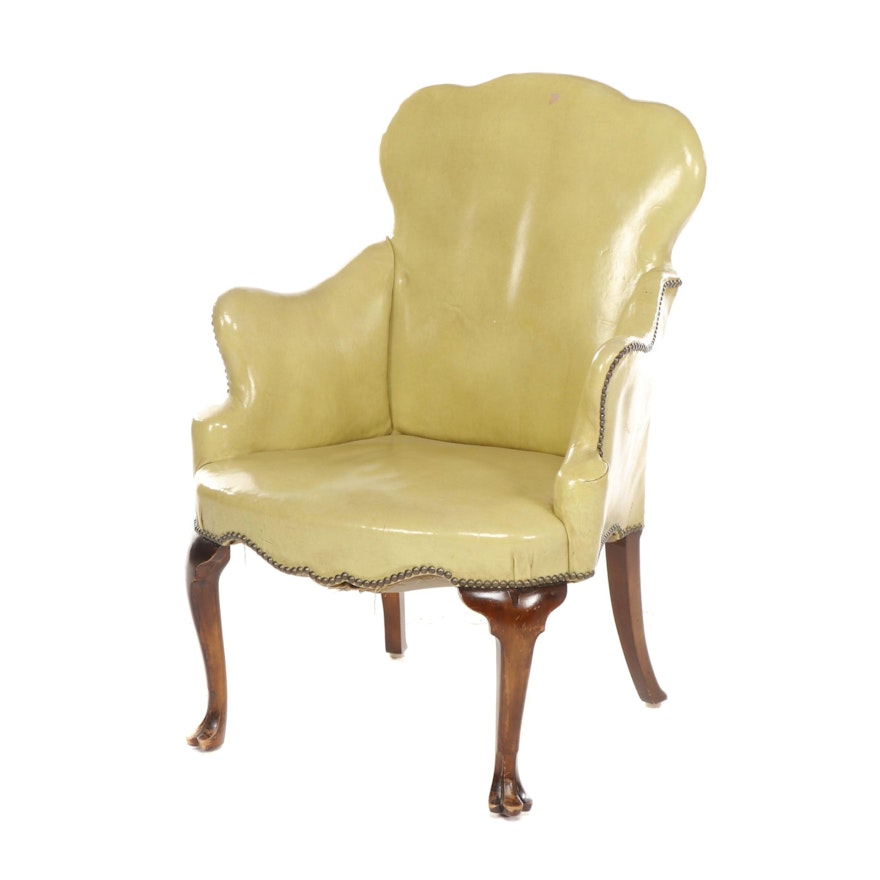 Queen Anne Style Trifid-Foot Patent Leather Upholstered Armchair
