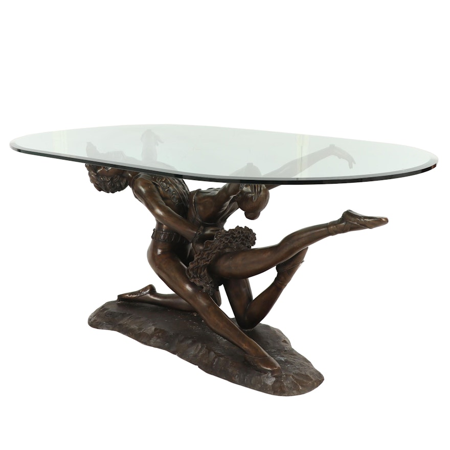 Contemporary Sculptural Brass Ballet Dancers Figural Dining Table with Glass Top