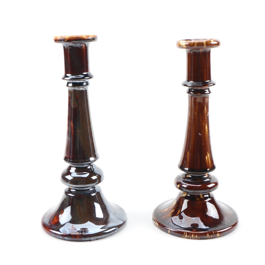 Bennington Earthenware Candlesticks, Late 19th to Early 20th Century