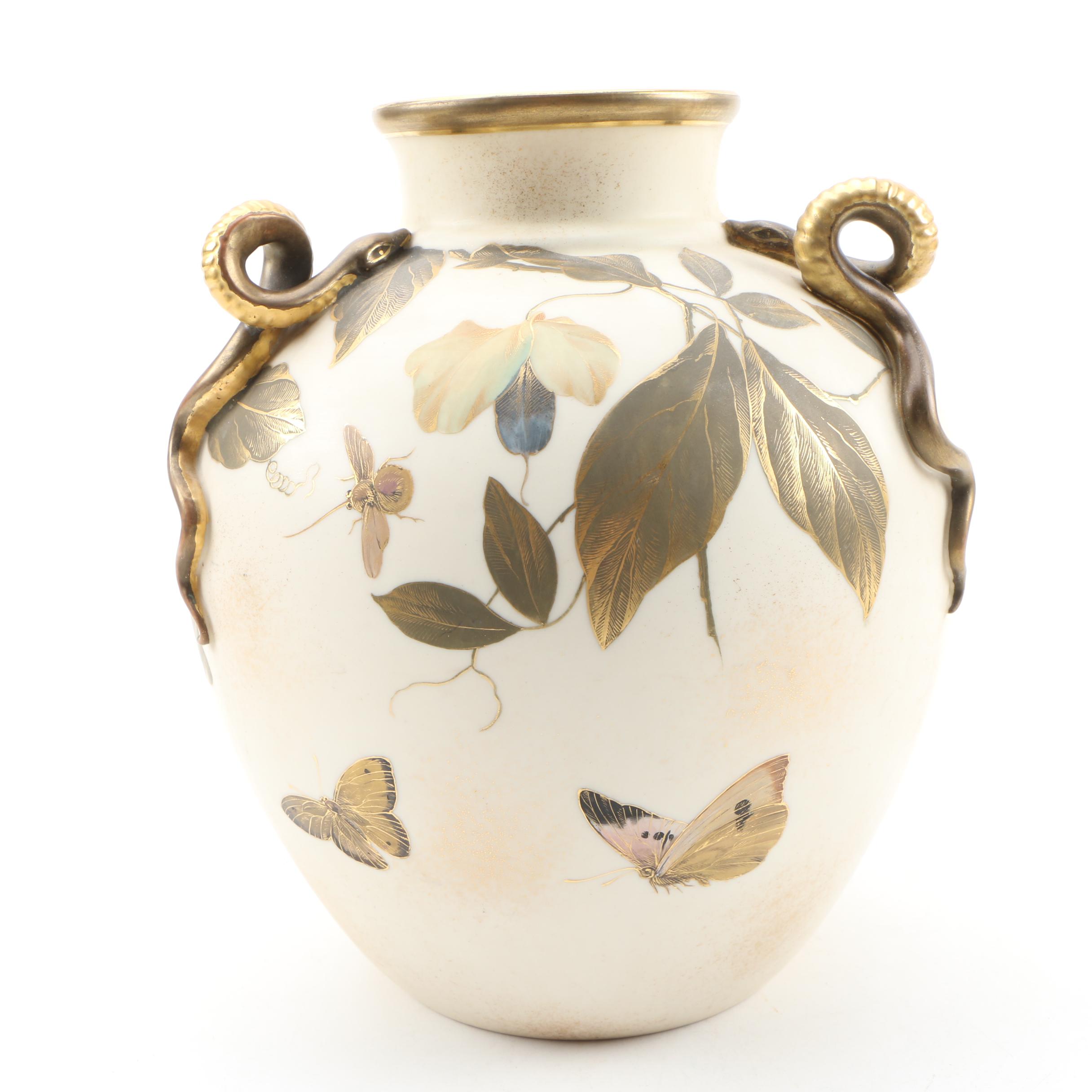 Royal Worcester Blush Ivory Porcelain Vase with Gilt Snake Handles, 1883