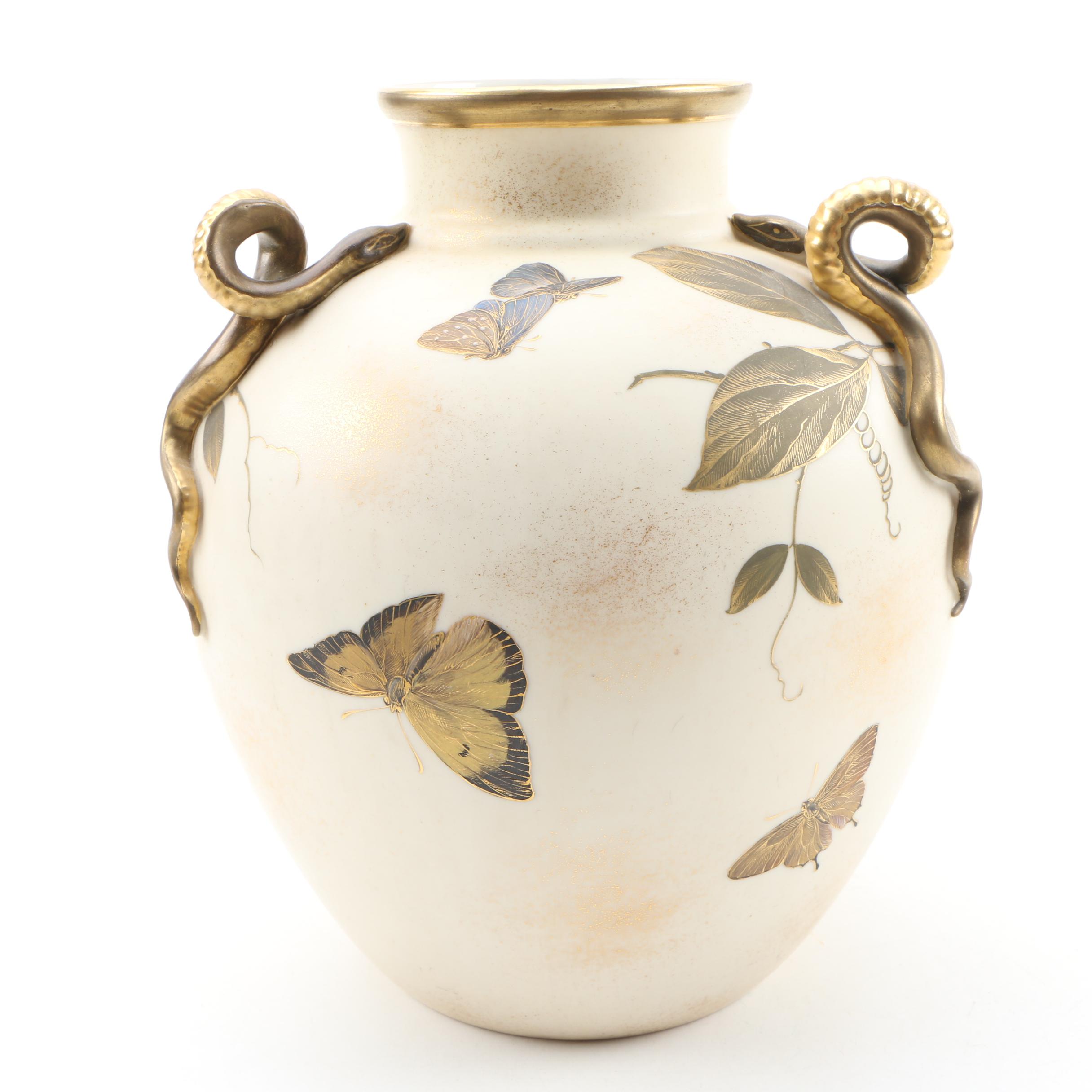 Royal Worcester Blush Ivory Porcelain Vase with Gilt Snake Handles, 1883
