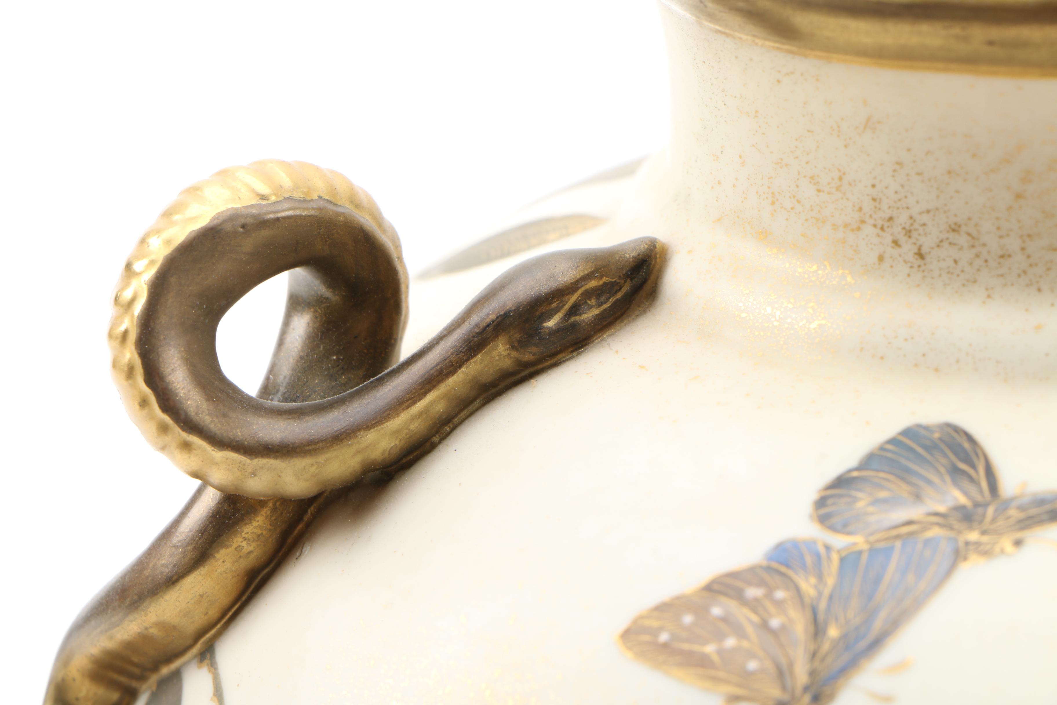 Royal Worcester Blush Ivory Porcelain Vase with Gilt Snake Handles, 1883