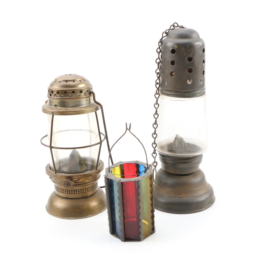 Brass Kerosene Skater's Lanterns and Polychrome Candle Lantern