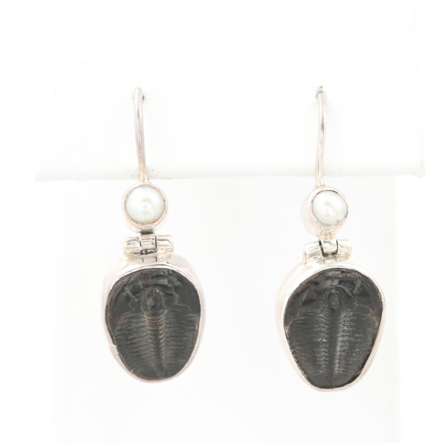 Sterling Silver Fossilized Trilobite and Cultured Pearl Earrings