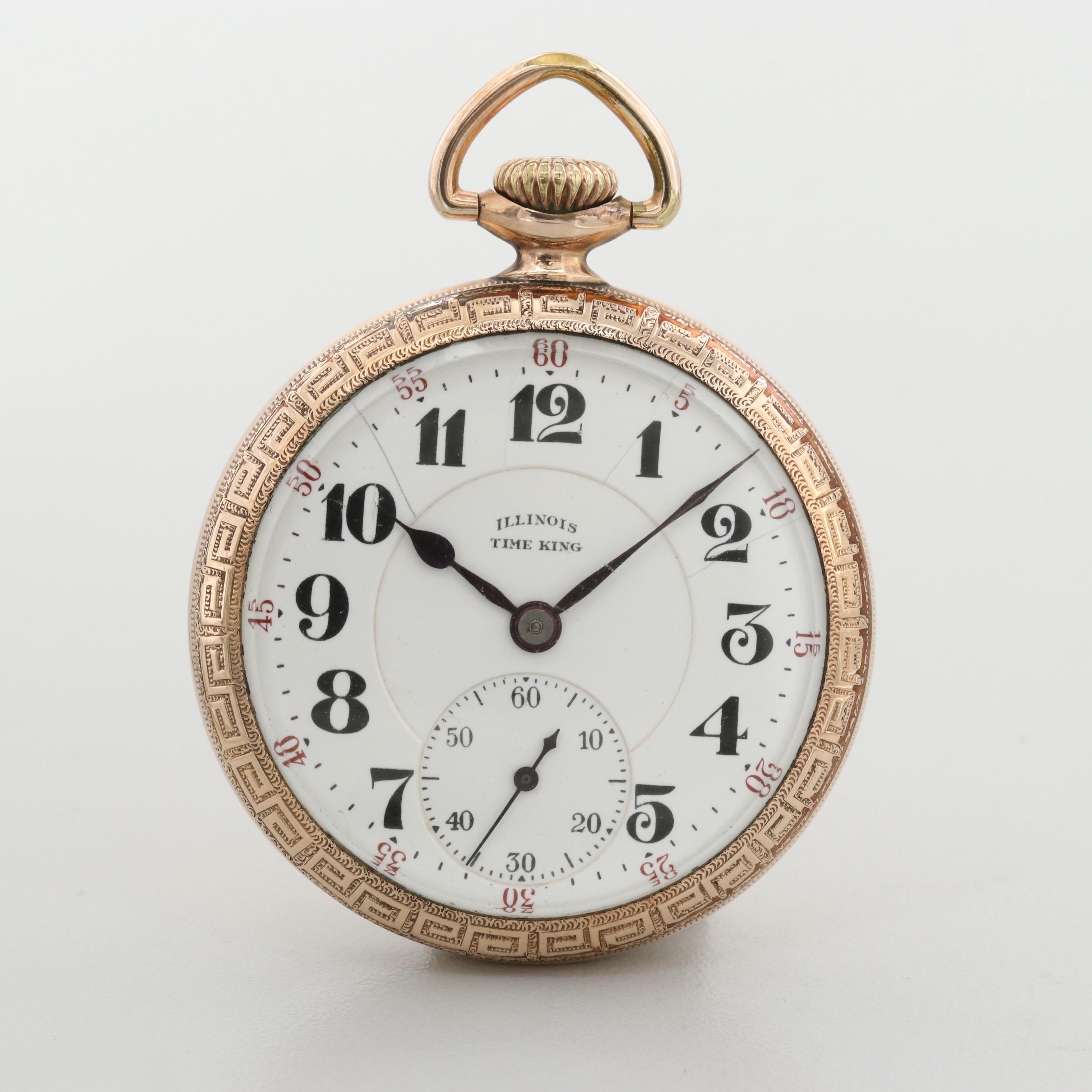 Vintage Illinois Time King 10K Gold Filled Open Face Pocket Watch, 1925