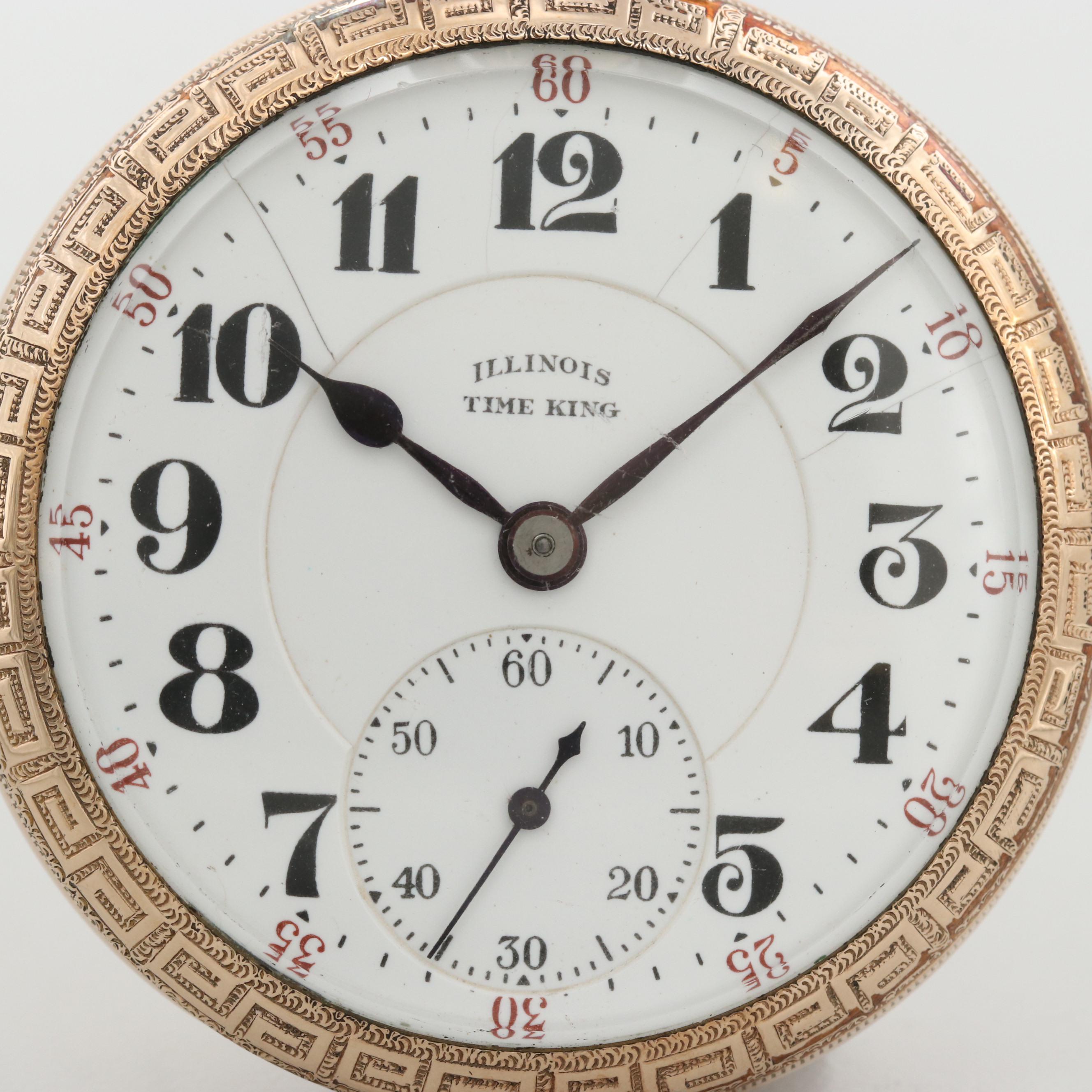 Vintage Illinois Time King 10K Gold Filled Open Face Pocket Watch, 1925