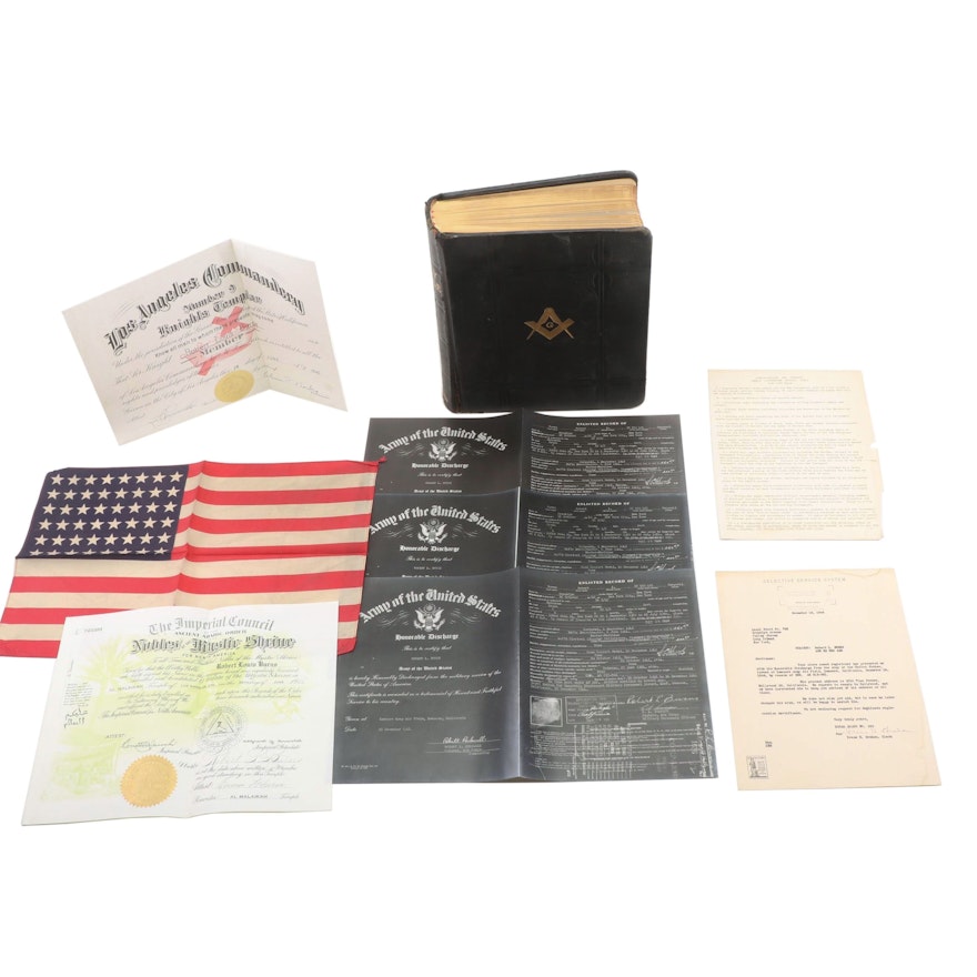 Masonic Bible, Commendary Certificates, Flag, and Honorable Discharge Papers