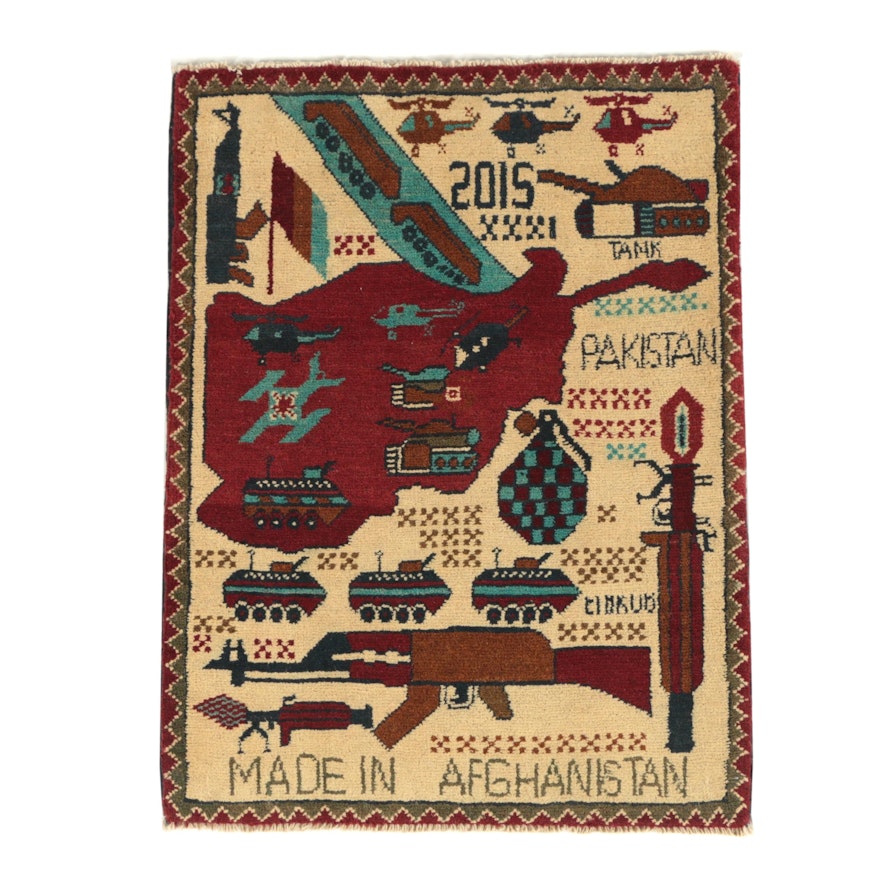 Hand-Knotted Afghan Pictorial Wool War Rug, 2015