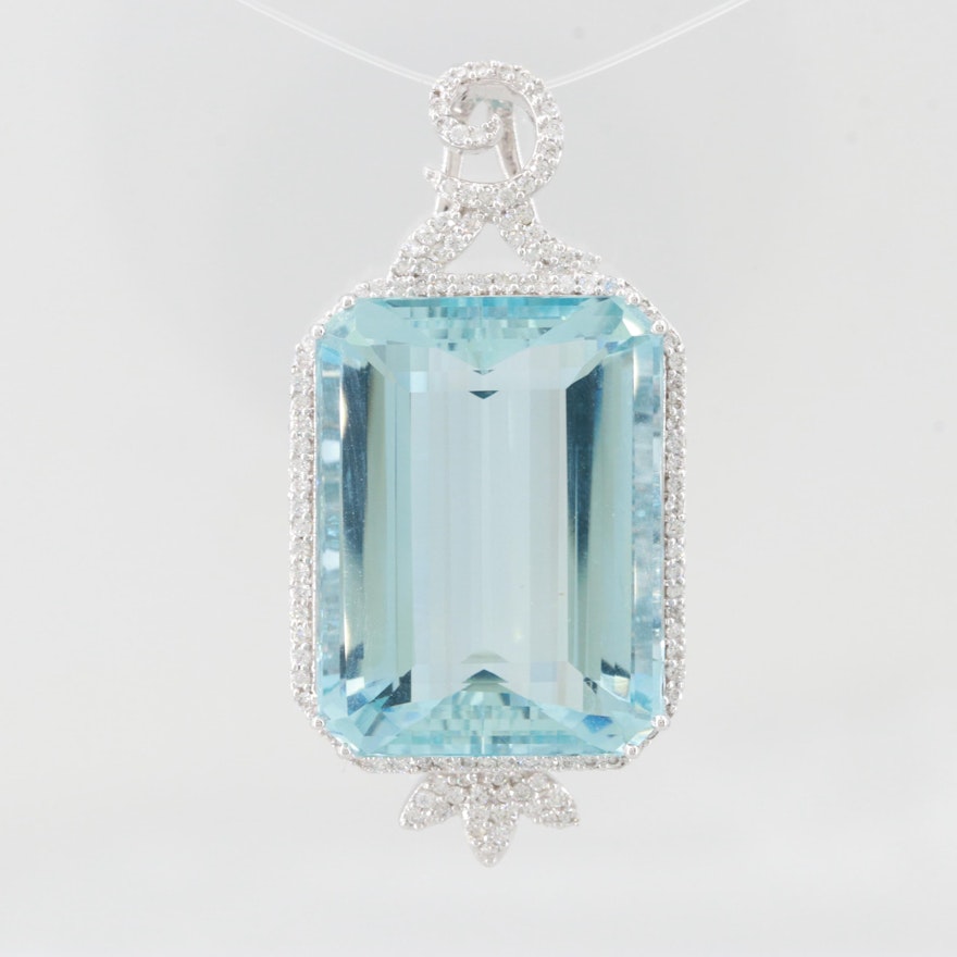 18K White Gold 36.73 CT Aquamarine and 2.00 CTW Diamond Pendant