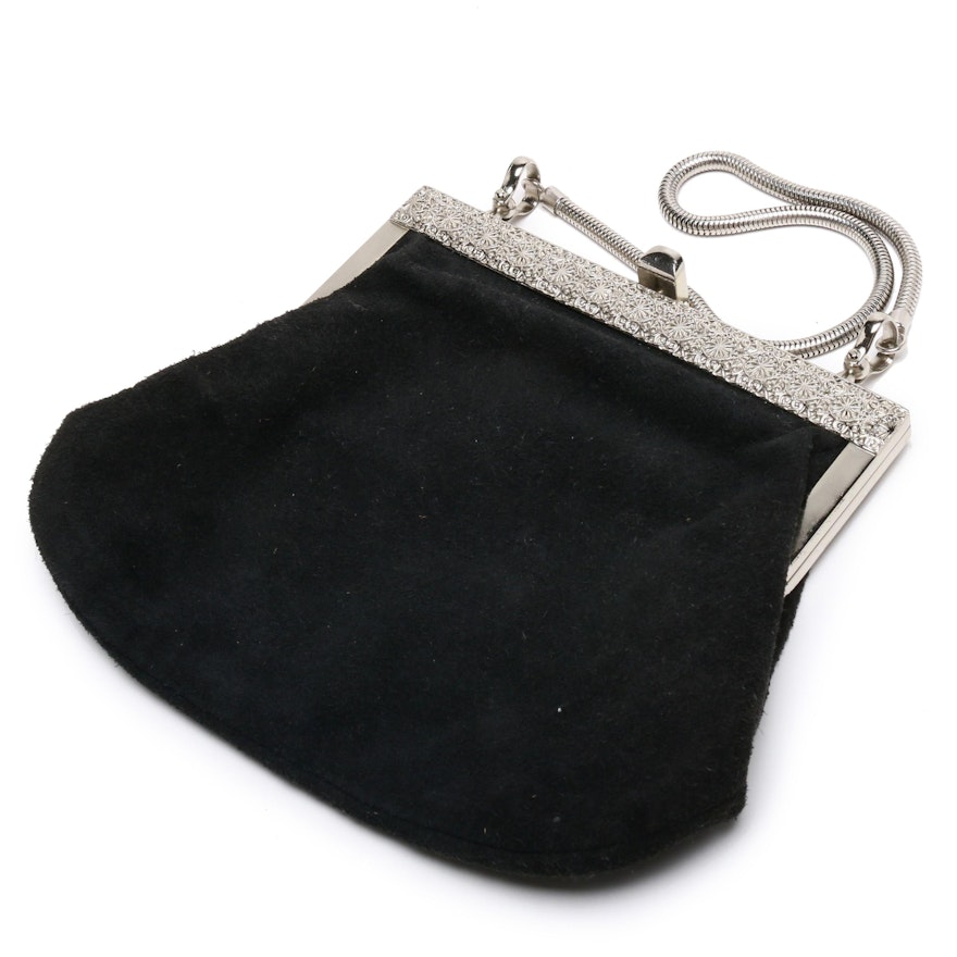 Black Suede and Silver Toned Metal Clutch Bag with Snake Chain Handle
