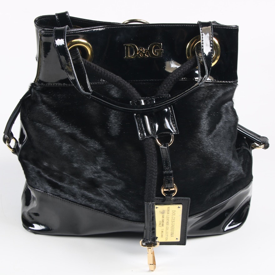 D&G Dolce & Gabbana Black Calf Hair and Patent Leather Handbag