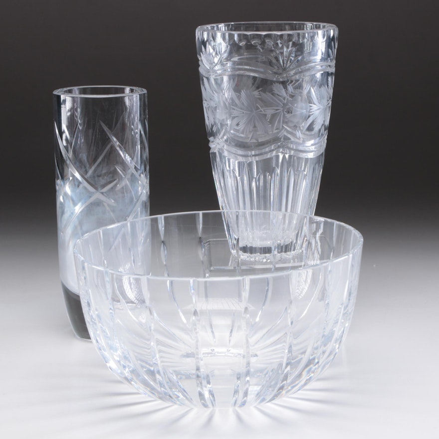 Atlantis Crystal Serving Bowl and Other Crystal Vases, Late 20th Century