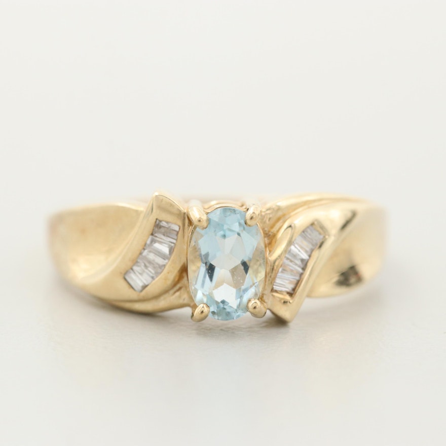 10K Yellow Gold Aquamarine and Diamond Ring