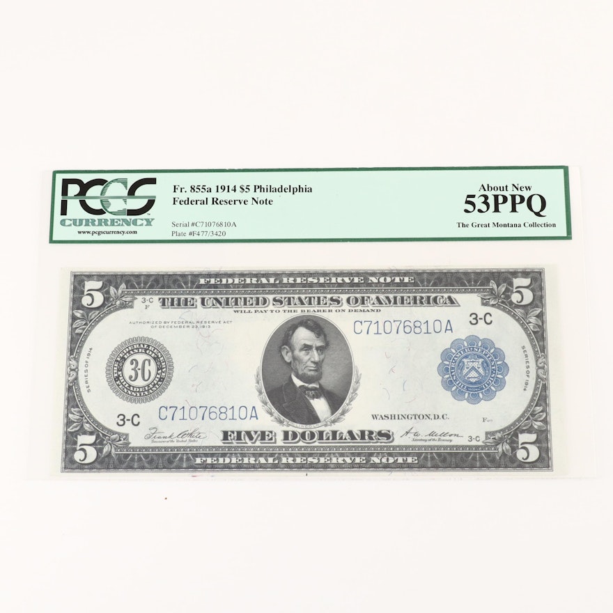 PCGS Graded About New 53PPQ Series of 1914 $5 Federal Reserve Note
