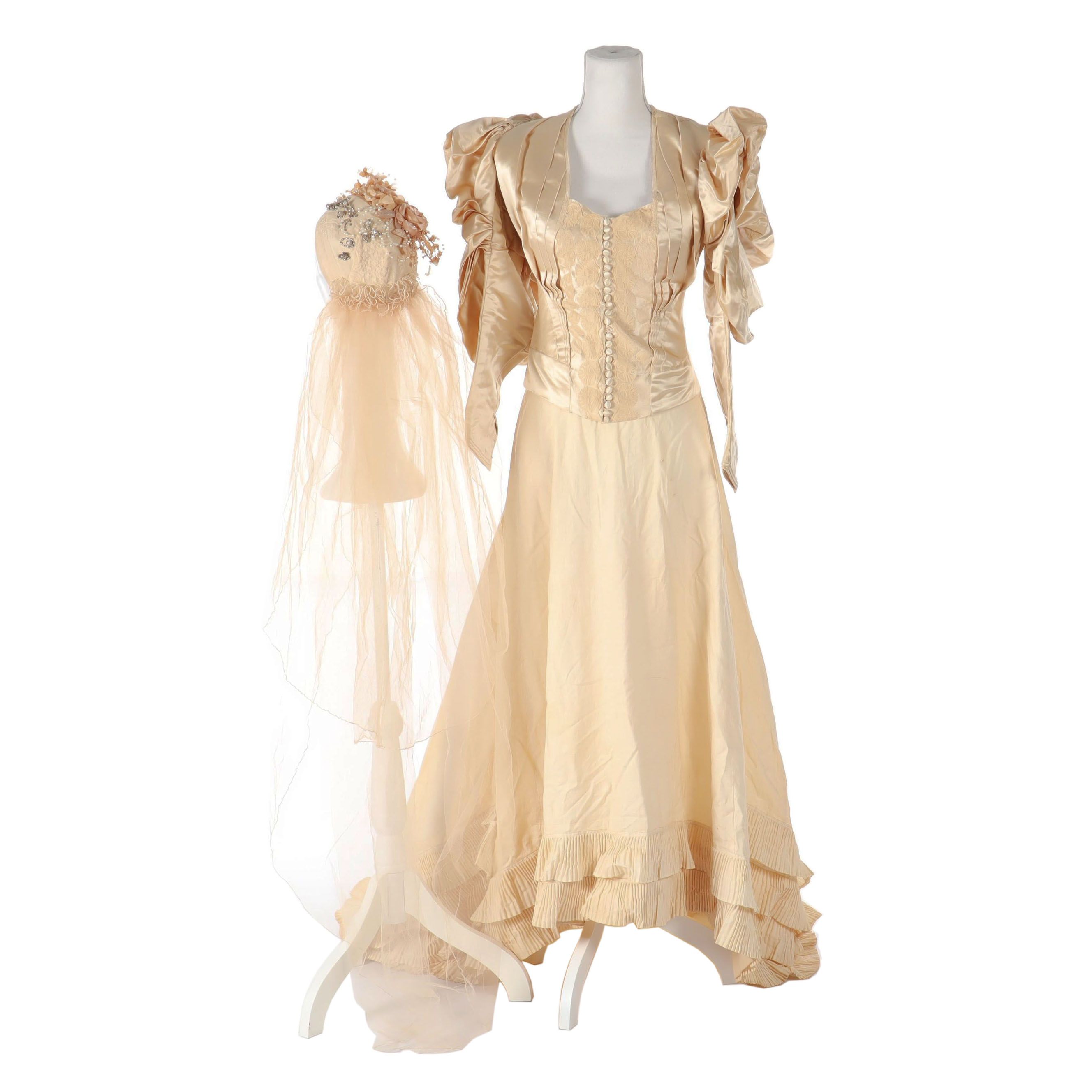 Victorian Lace Wedding Dress with Veil, Shawl and Extra Fabric, 1867