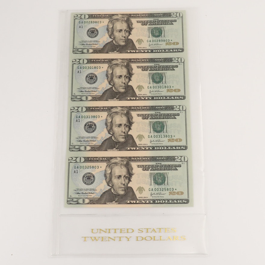 Uncut Sheet of Four 2004-A U.S. $20 Federal Reserve Star Notes