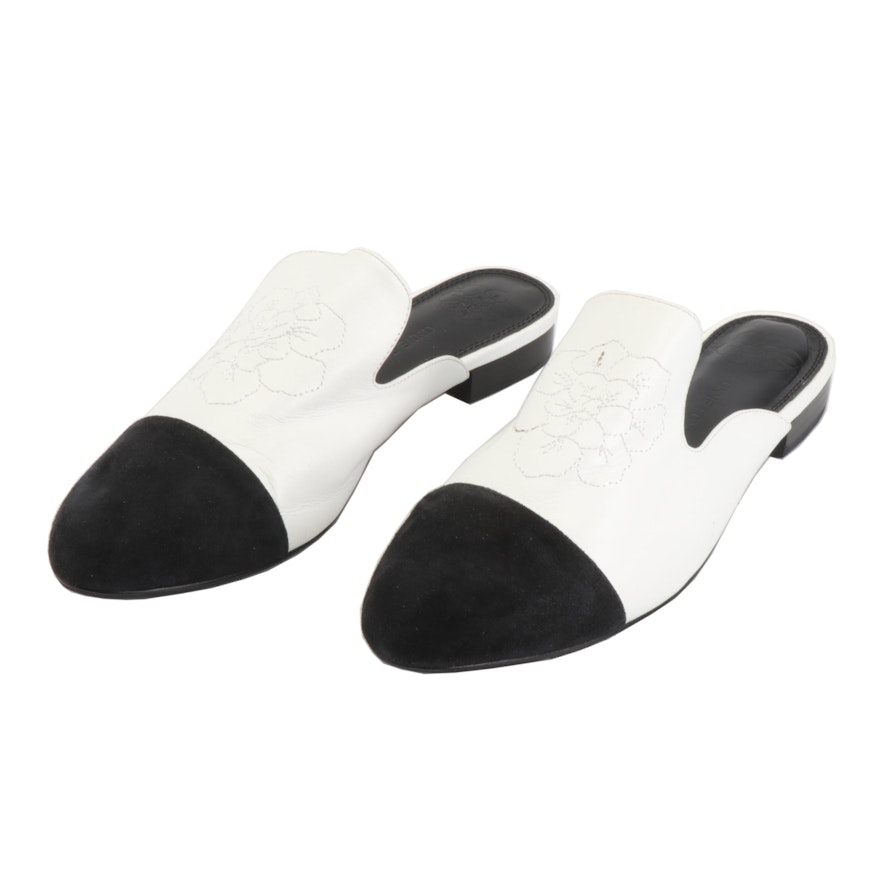 Anne Fontaine Stitched Floral Black and White Suede and Leather Mules