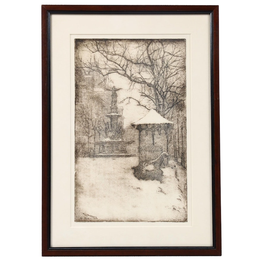 Edward Timothy Hurley Etching "Fountain in the Snow"