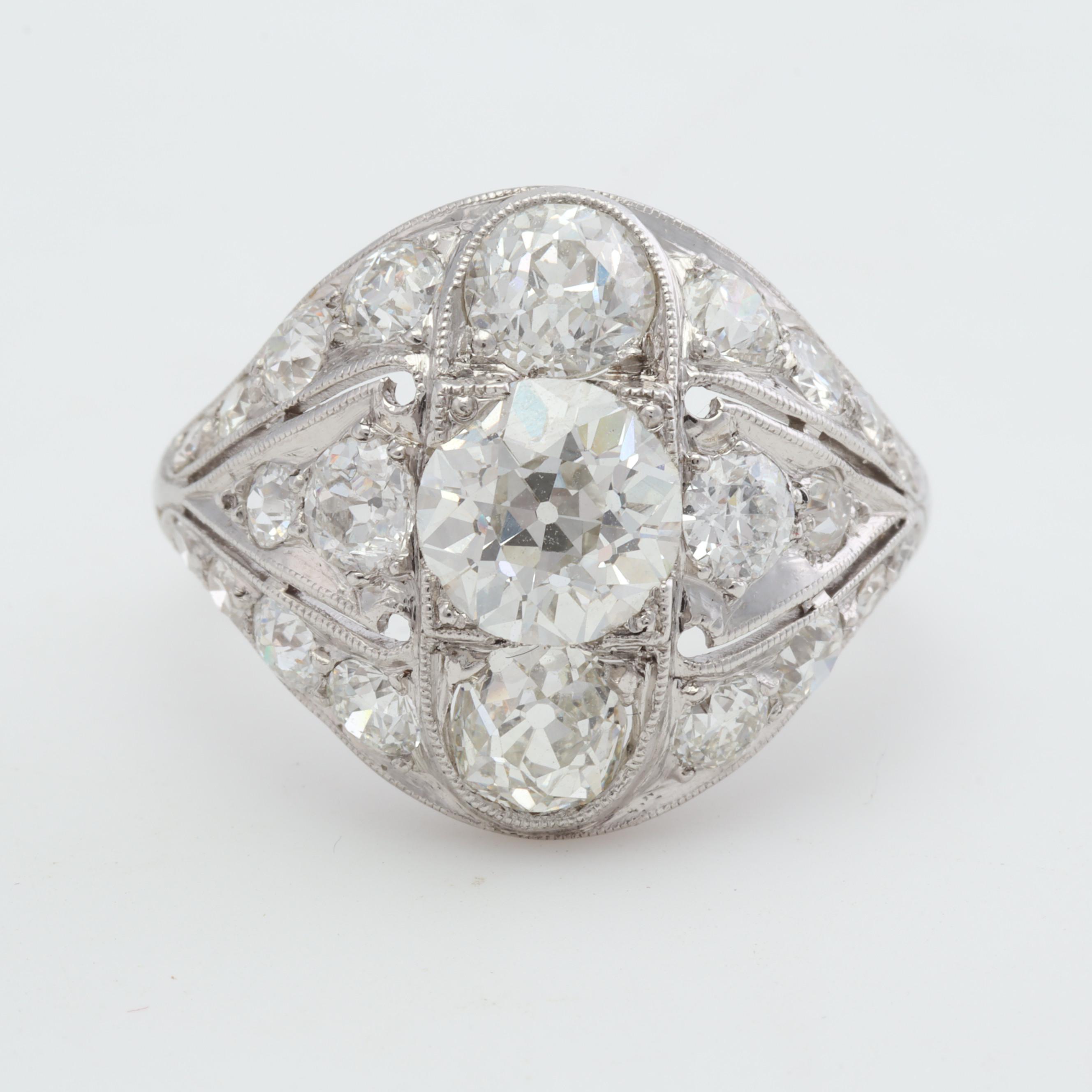 Antique Platinum and Old European Cut Diamond Ring, 3.58 CTW