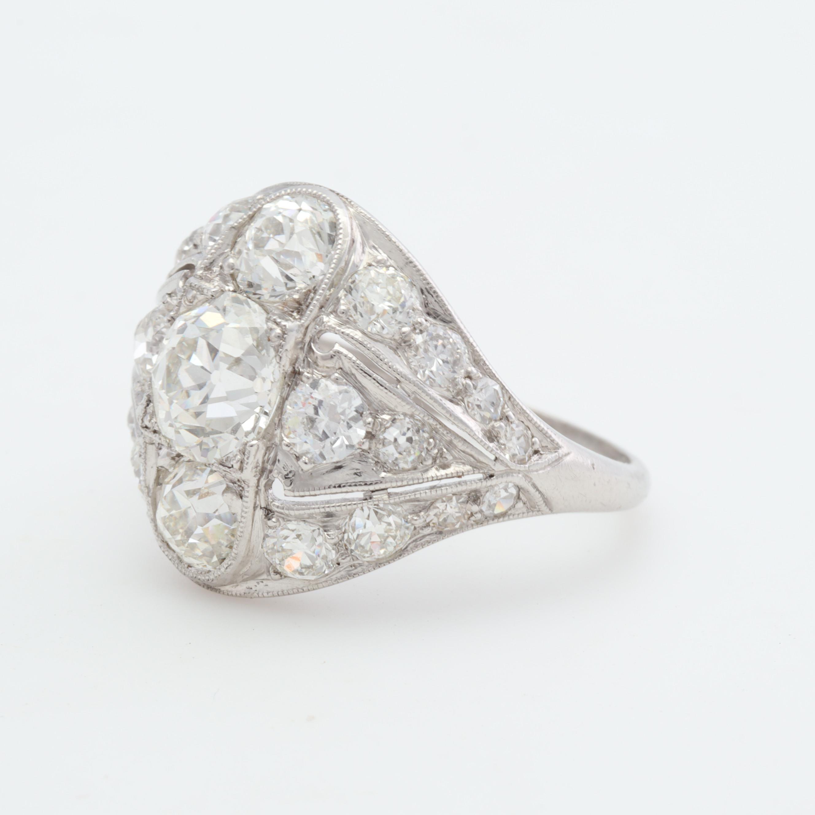Antique Platinum and Old European Cut Diamond Ring, 3.58 CTW