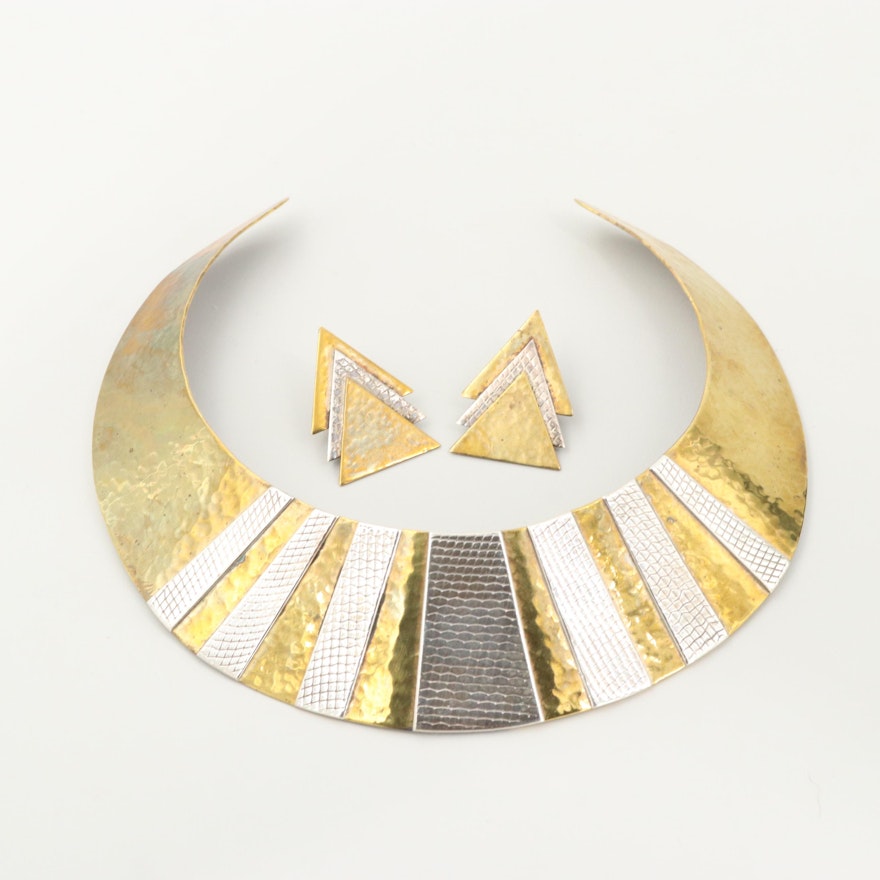 Signed Sterling Silver Collar Necklace and Earrings with Gold Wash Accents