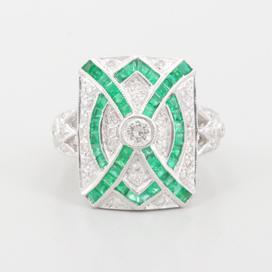 18K White Gold Diamond and Emerald Ring